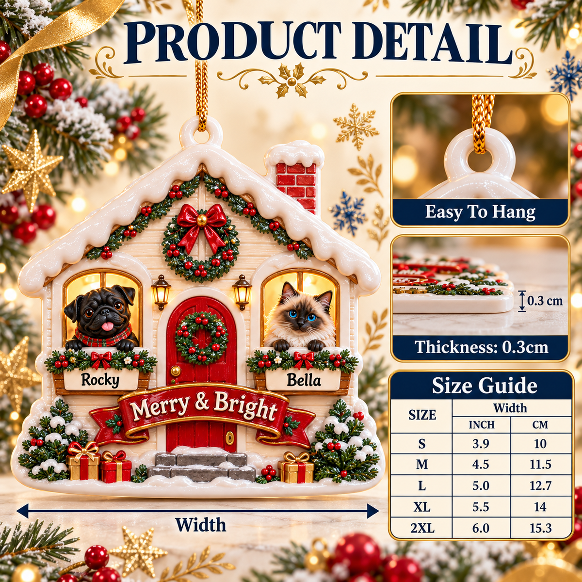 Winter Cottage Dog and Cat Holiday Keepsake Plaque - 3D Relief Ornament