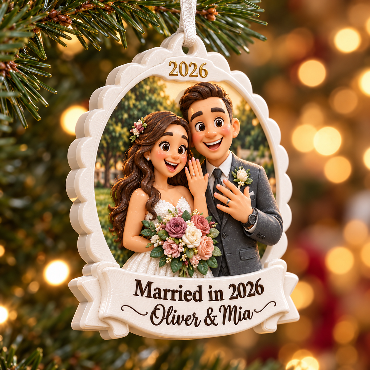 Cartoon Wedding Couple Scalloped Frame Hanging Keepsake - 3D Relief Ornament