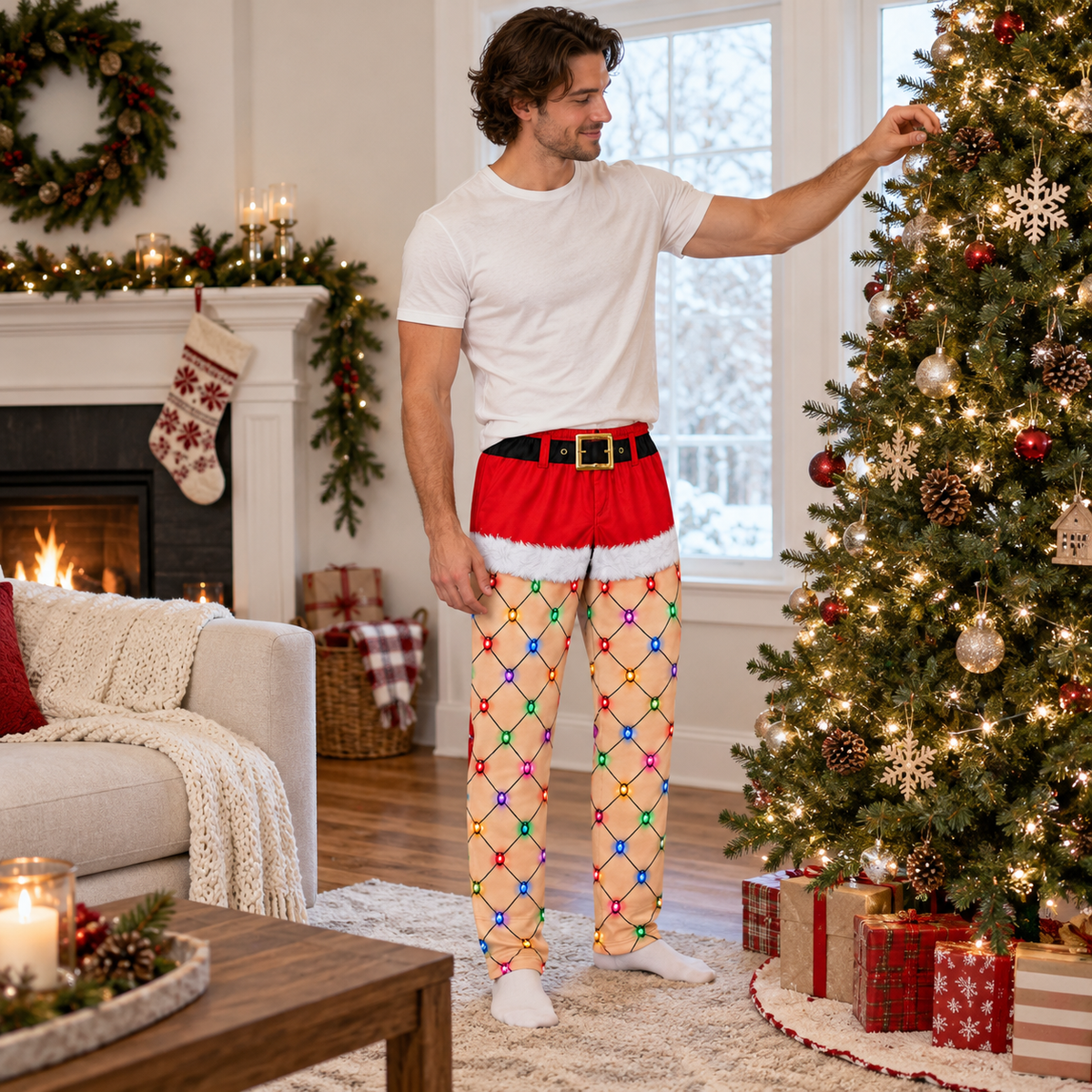 Funny Christmas Pajama Pants String Lights Print Lounge Bottoms
