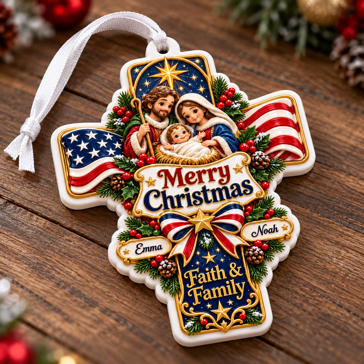 Nativity Scene American Flag Cross Faith and Family Holiday Tree Hanging Decor - 3D Relief Ornament