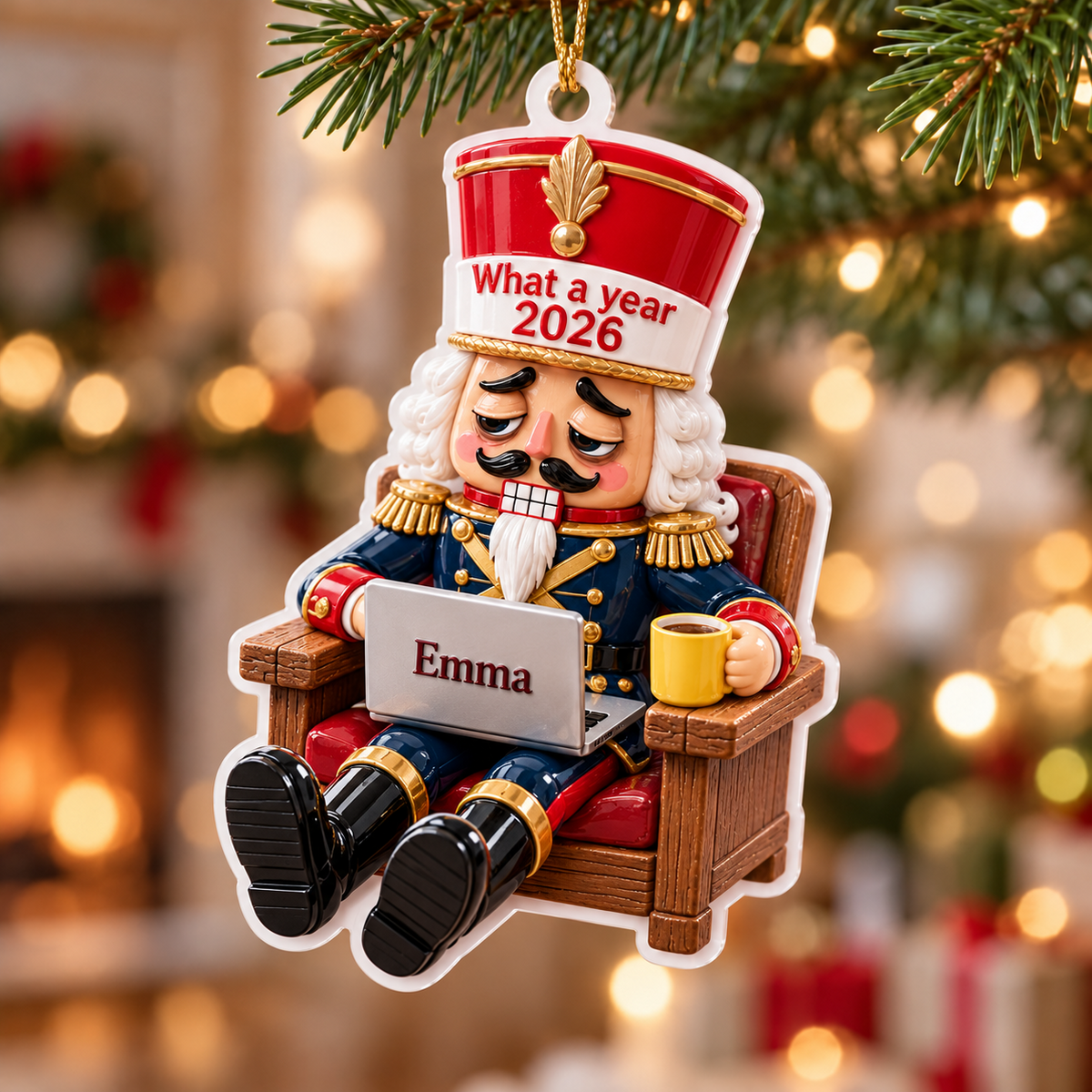 Tired Nutcracker Working from Home in Armchair Acrylic Christmas Tree Hanging Decor - 3D Relief Ornament