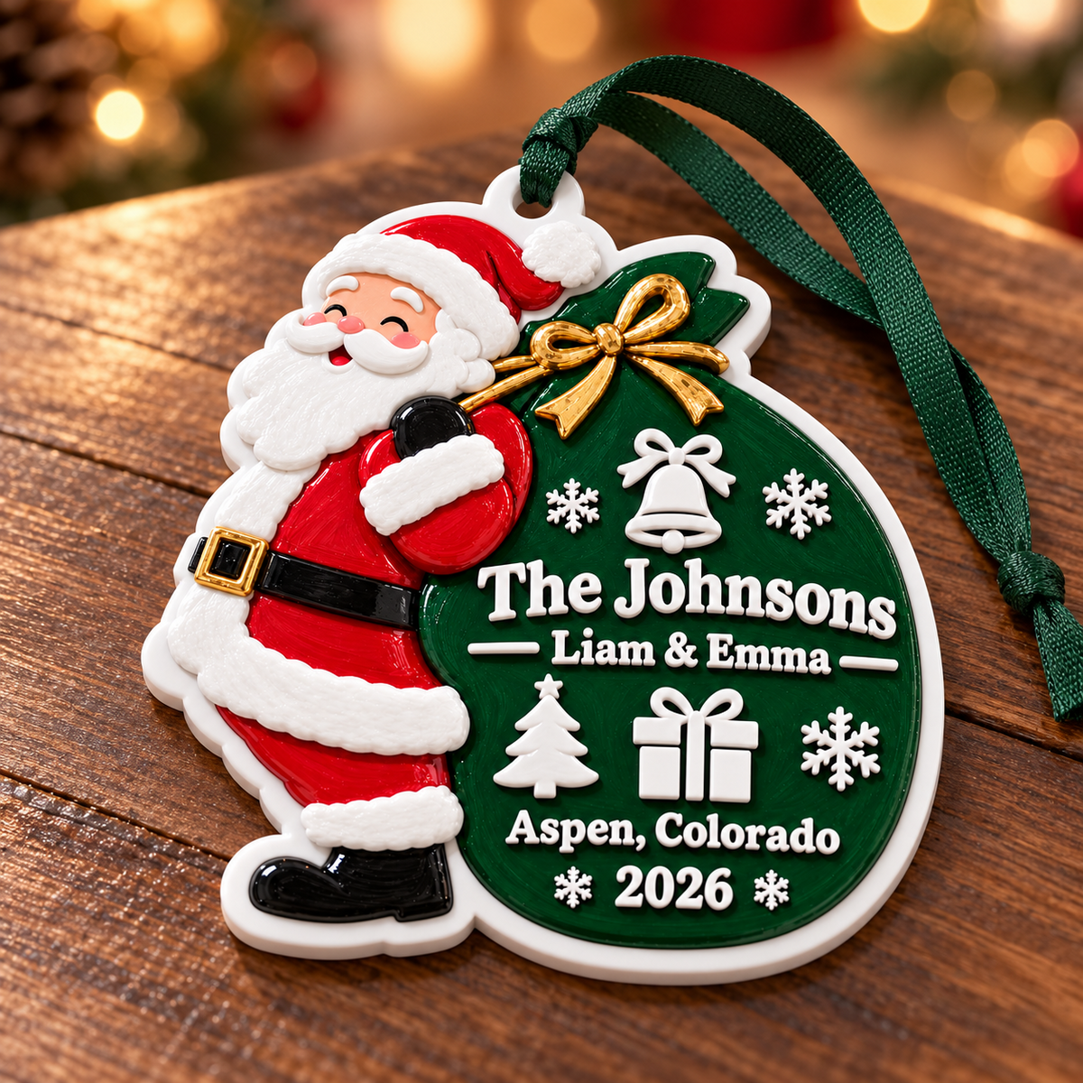 Santa Claus Carrying Green Toy Sack Christmas Tree Holiday Hanging Keepsake - 3D Relief Ornament