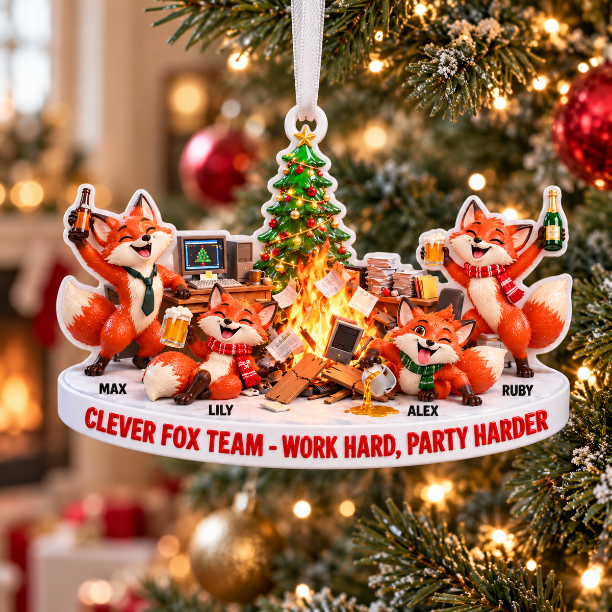 Funny Office Christmas Party Foxes Holiday Tree Decoration - 3D Relief Ornament