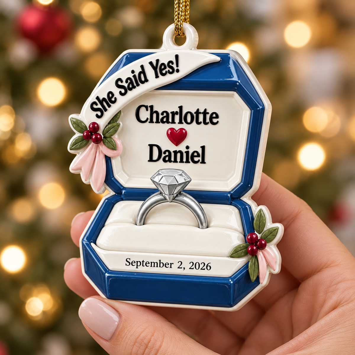 Engagement Ring Box She Said Yes Proposal Keepsake, Blue Holiday Tree Decor - 3D Relief Ornament