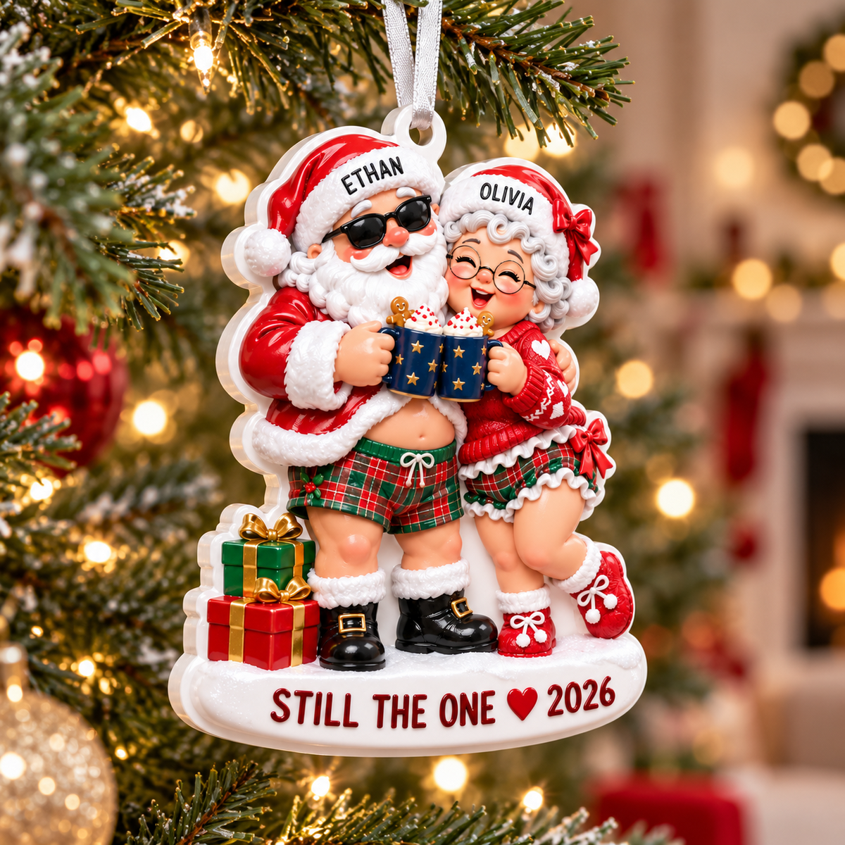 Still The One Couple Santa and Mrs Claus Plaid Pajamas Acrylic - 3D Relief Ornament