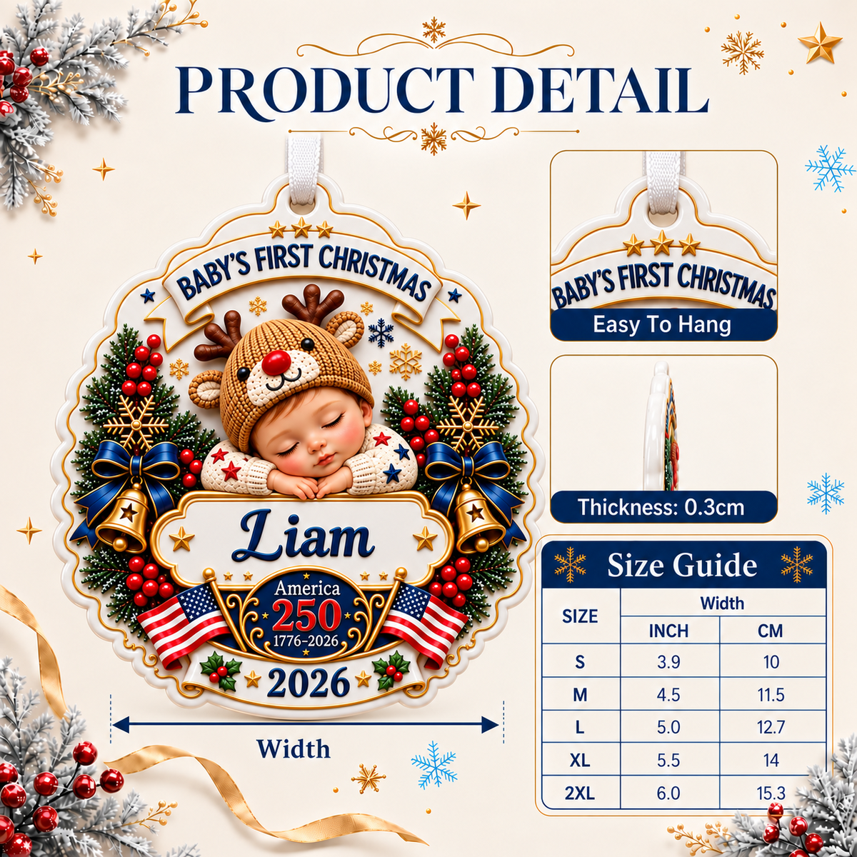 Baby's First Christmas America 250 Semiquincentennial Sleeping Newborn Holiday Medallion - 3D Relief Ornament
