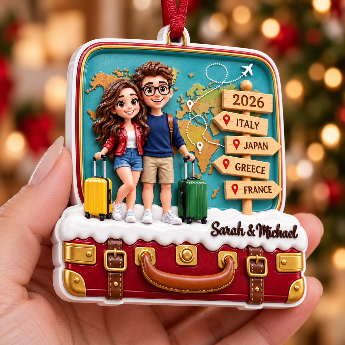 Travel Couple Suitcase Christmas Tree Decoration, Vacation Trip Theme Keepsake - 3D Relief Ornament