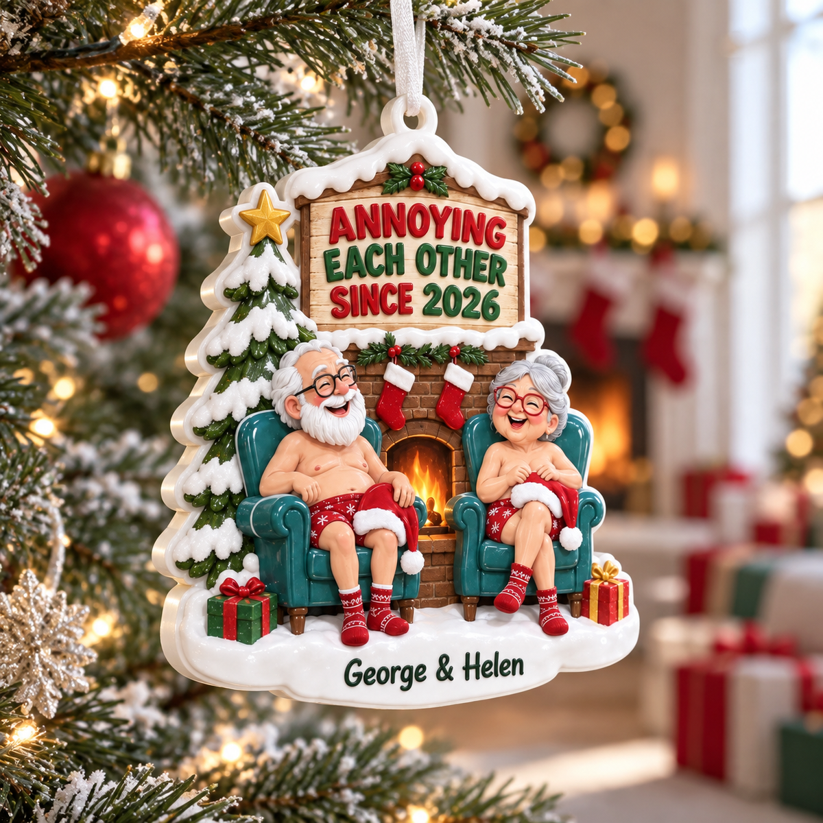 Christmas Couple Fireplace Holiday Tree Hanging Keepsake Decor - 3D Relief Ornament