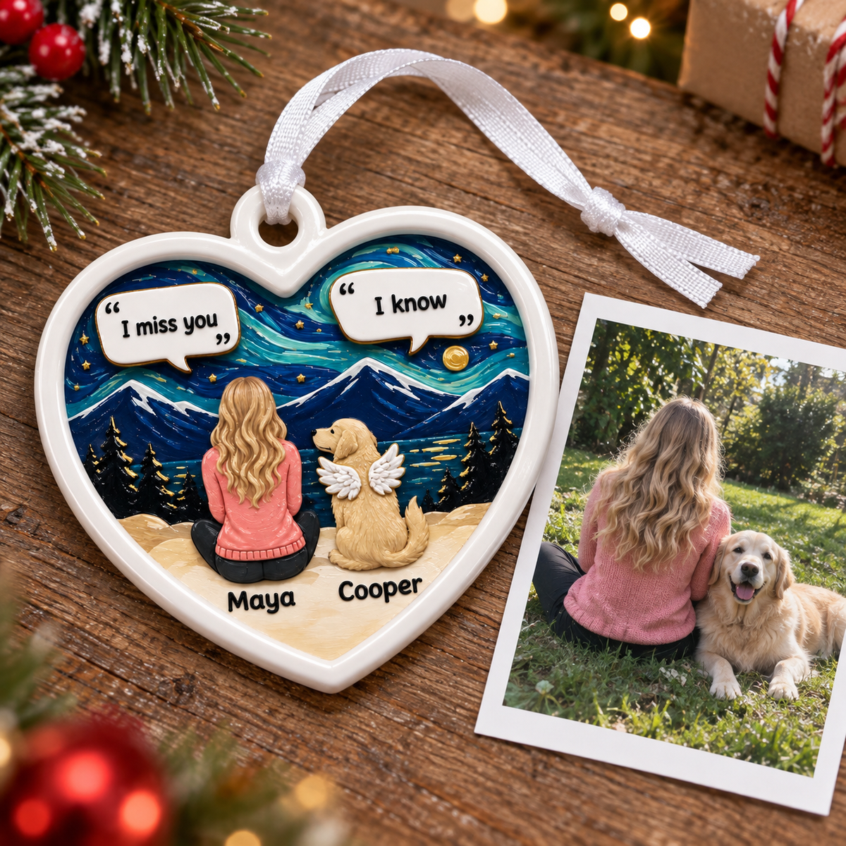 Dog Memorial Heart Keepsake Girl and Angel Pet Starry Mountain Nightscape - 3D Relief Ornament