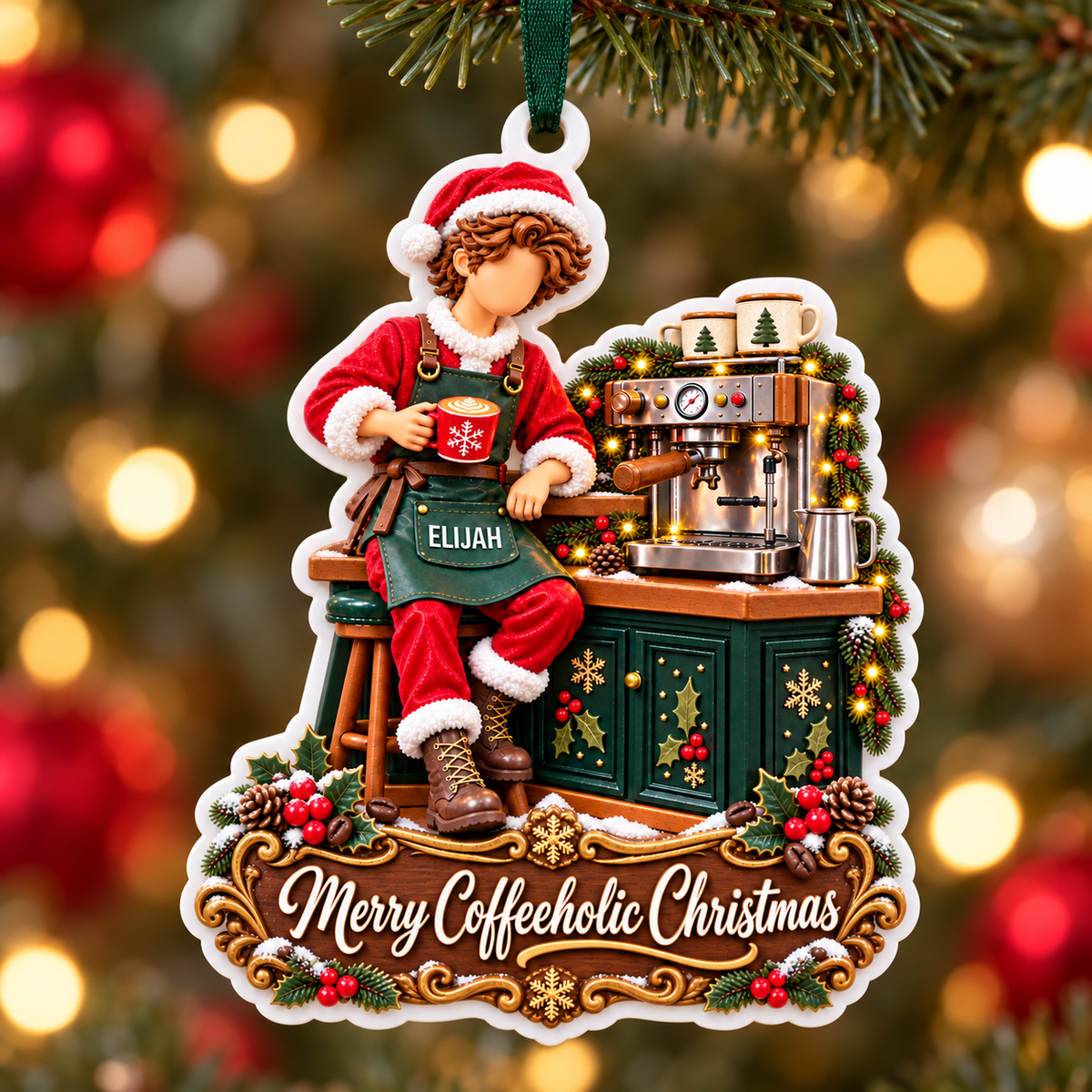 Barista Santa with Espresso Machine Merry Coffeeholic Christmas Acrylic Hanging Plaque - 3D Relief Ornament
