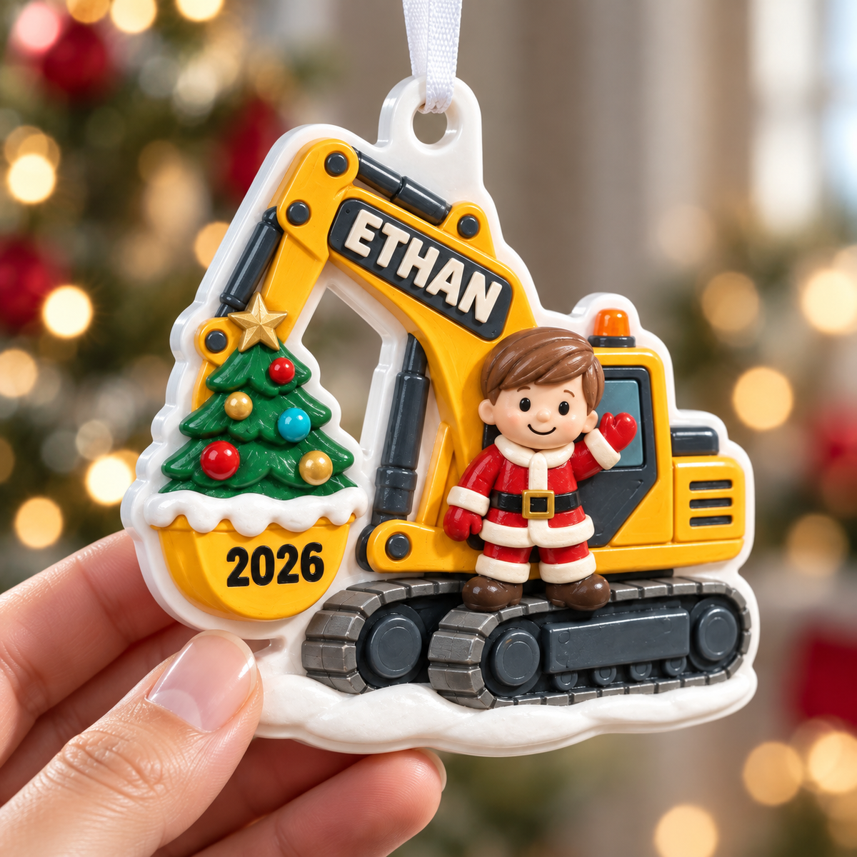 Yellow Excavator Construction Vehicle with Santa Boy and Christmas Tree - 3D Relief Ornament