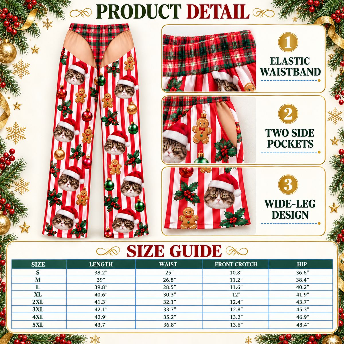 Christmas Pajama Pants with Thong Print and Holiday Dog Face Pattern