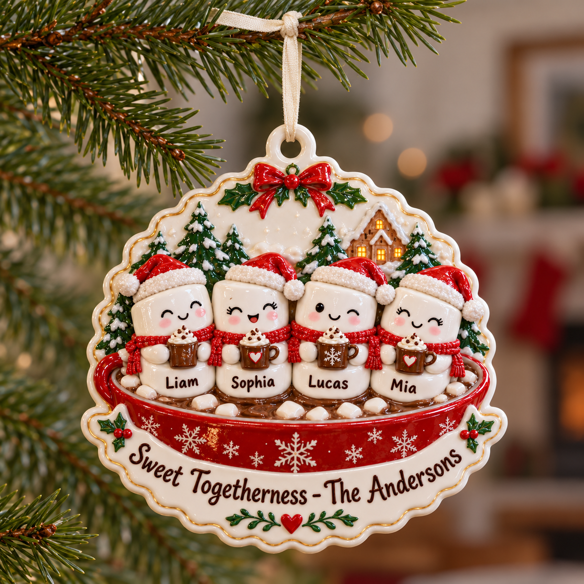 Family Marshmallows in Hot Cocoa Mug Holiday Tree Accent - 3D Relief Ornament