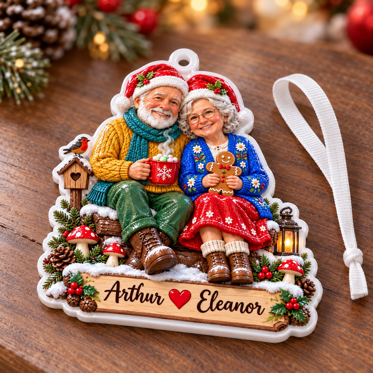 Elderly Couple Sitting on Log Winter Christmas Scene Hanging Acrylic Plaque - 3D Relief Ornament