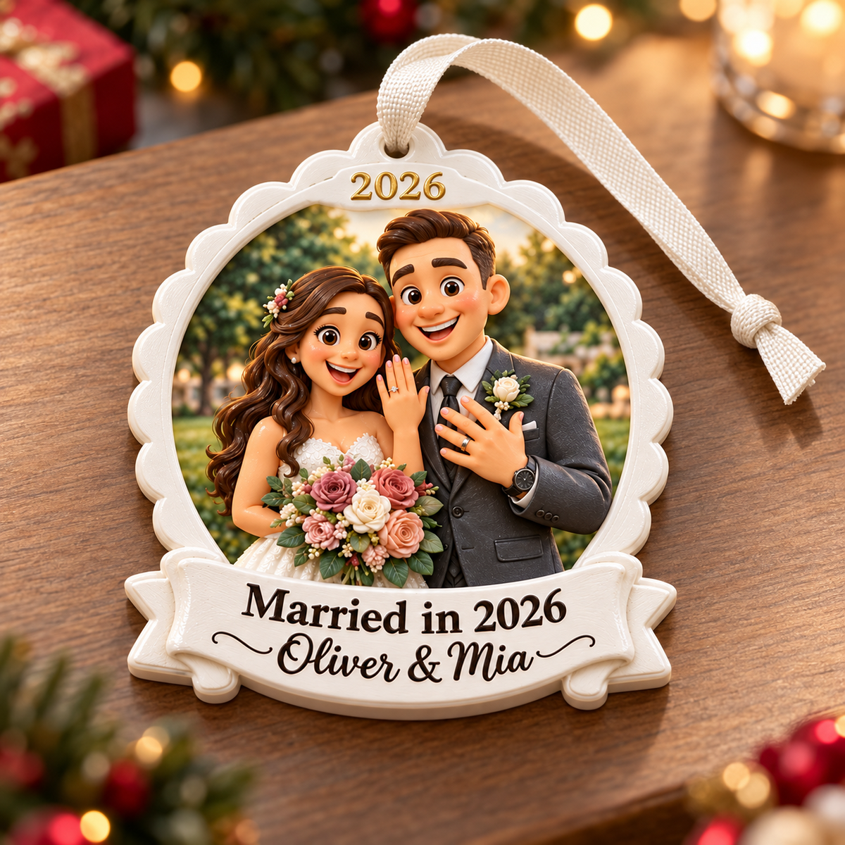 Cartoon Wedding Couple Scalloped Frame Hanging Keepsake - 3D Relief Ornament