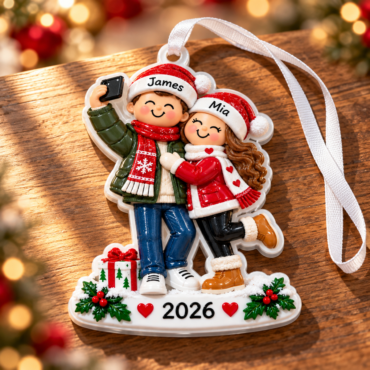 Couple Taking Selfie Christmas Tree Keepsake, Winter Holiday Figurine Hanging - 3D Relief Ornament