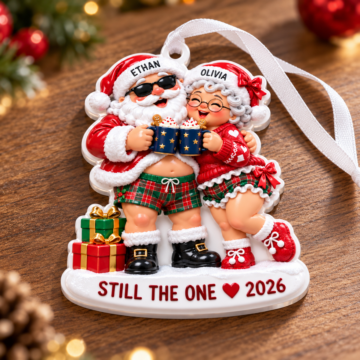 Still The One Couple Santa and Mrs Claus Plaid Pajamas Acrylic - 3D Relief Ornament