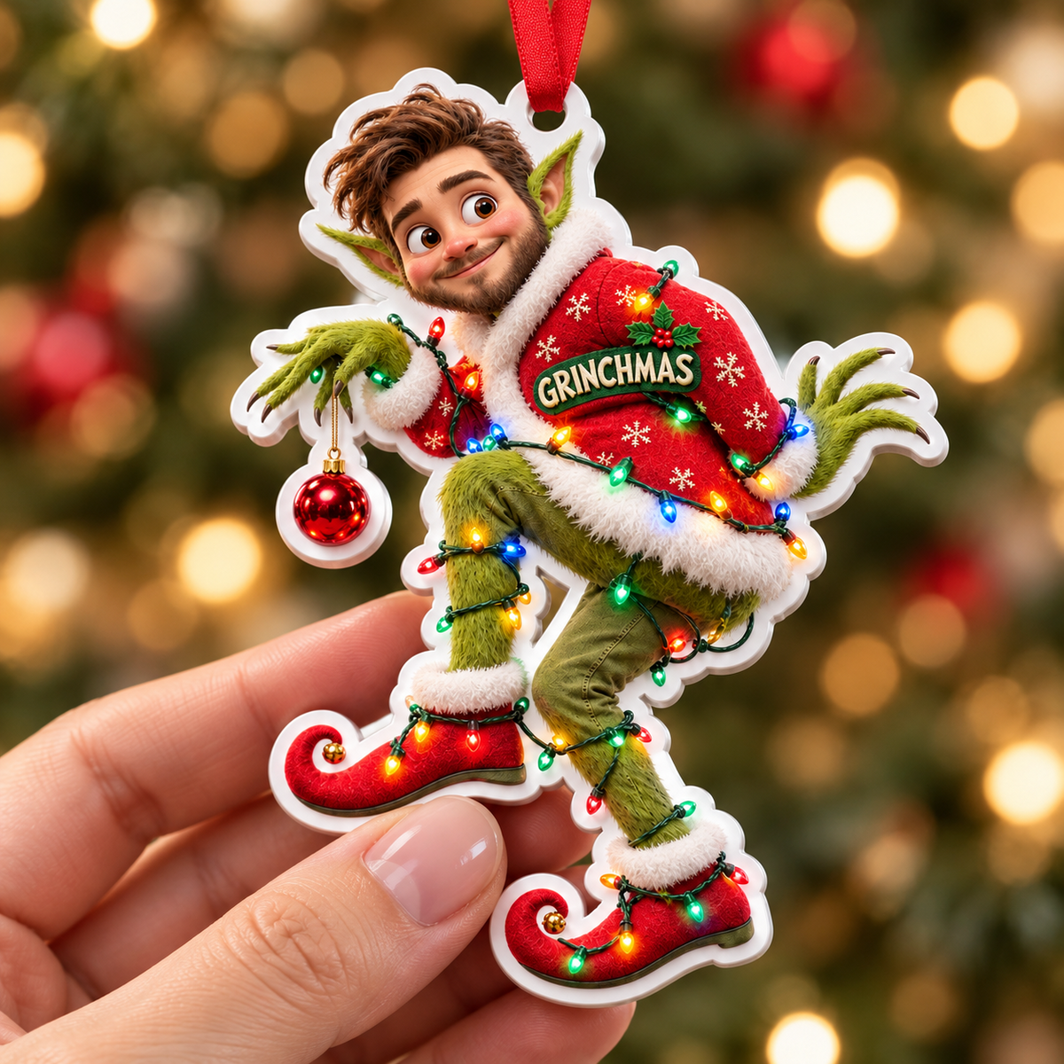 Stealthy Green Elf in Santa Coat with Christmas Lights Hanging Acrylic Bauble - 3D Relief Ornament