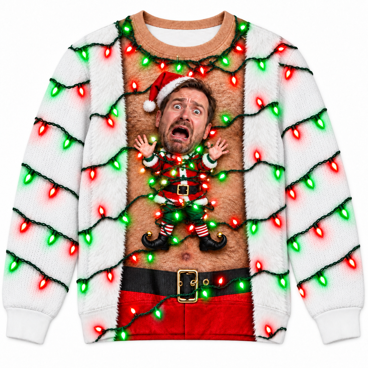 Ugly Christmas Sweatshirt with Hairy Chest and Holiday Elf Graphic