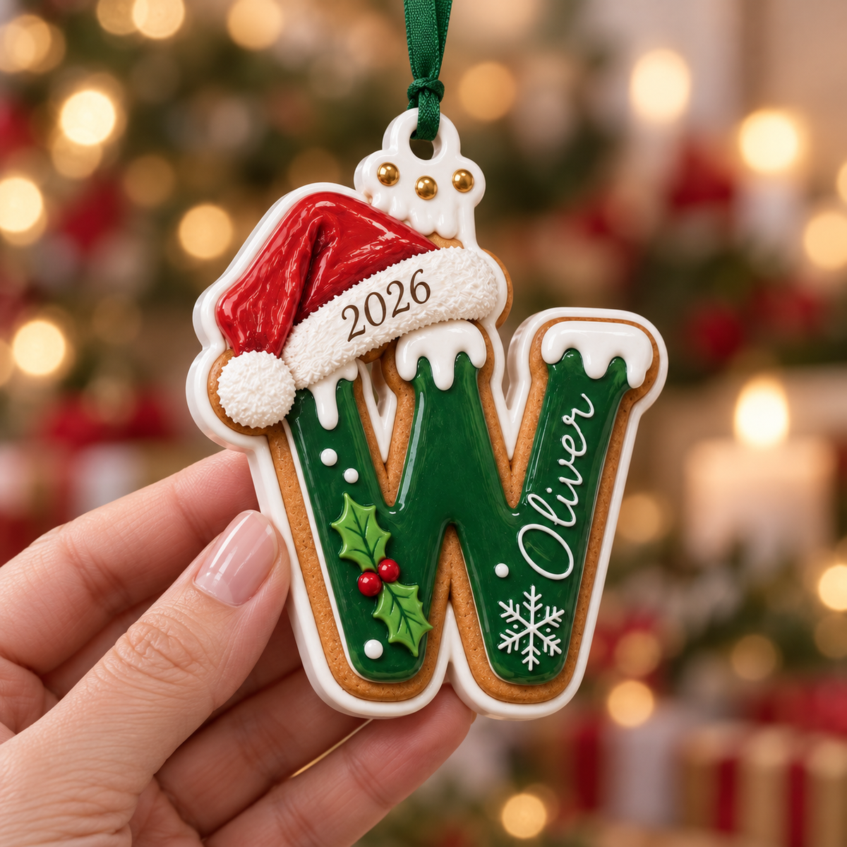 Gingerbread Cookie Letter Christmas Tree Hanging Decoration with Santa Hat - 3D Relief Ornament