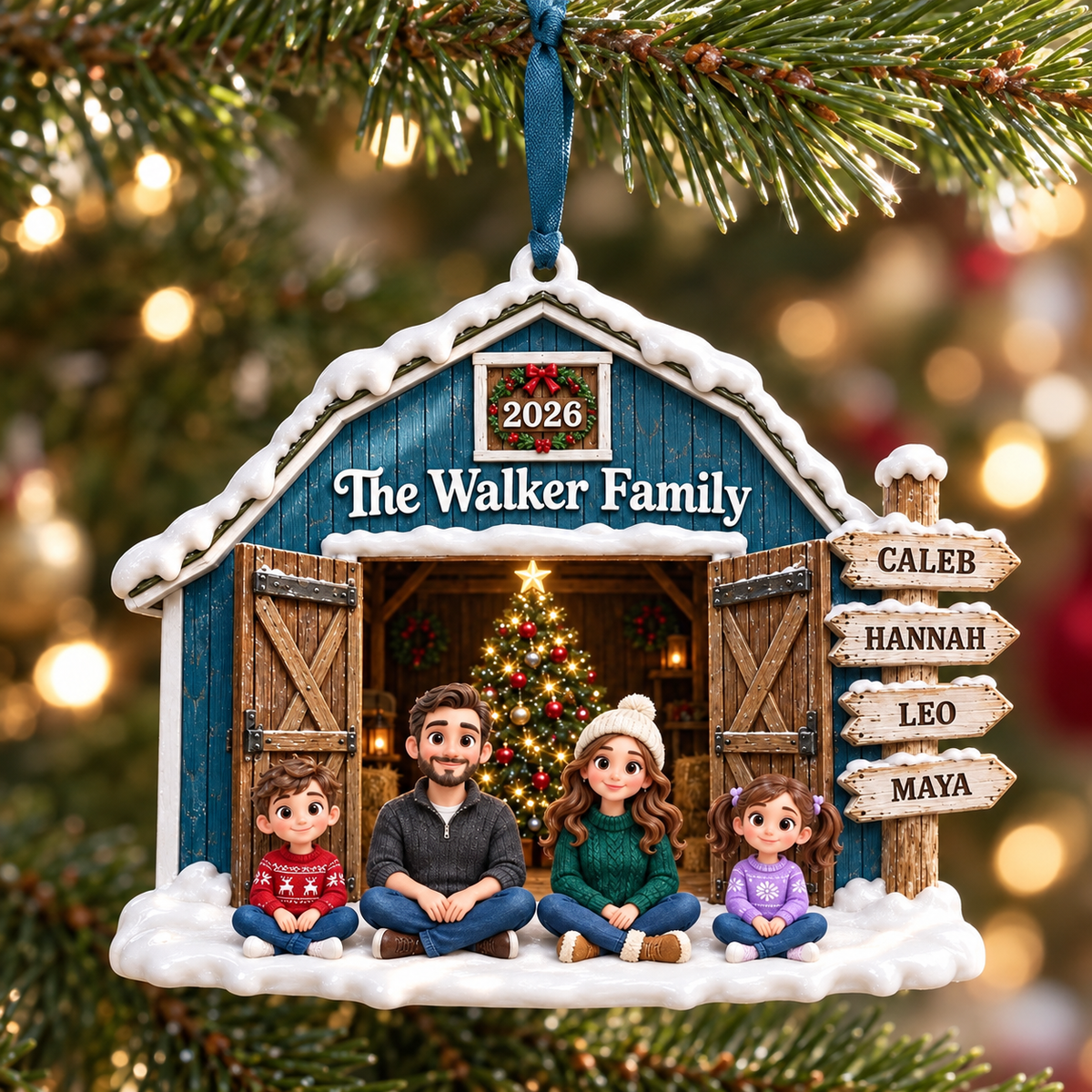 Rustic Farmhouse Blue Barn Family Christmas Tree Hanging Decoration - 3D Relief Ornament