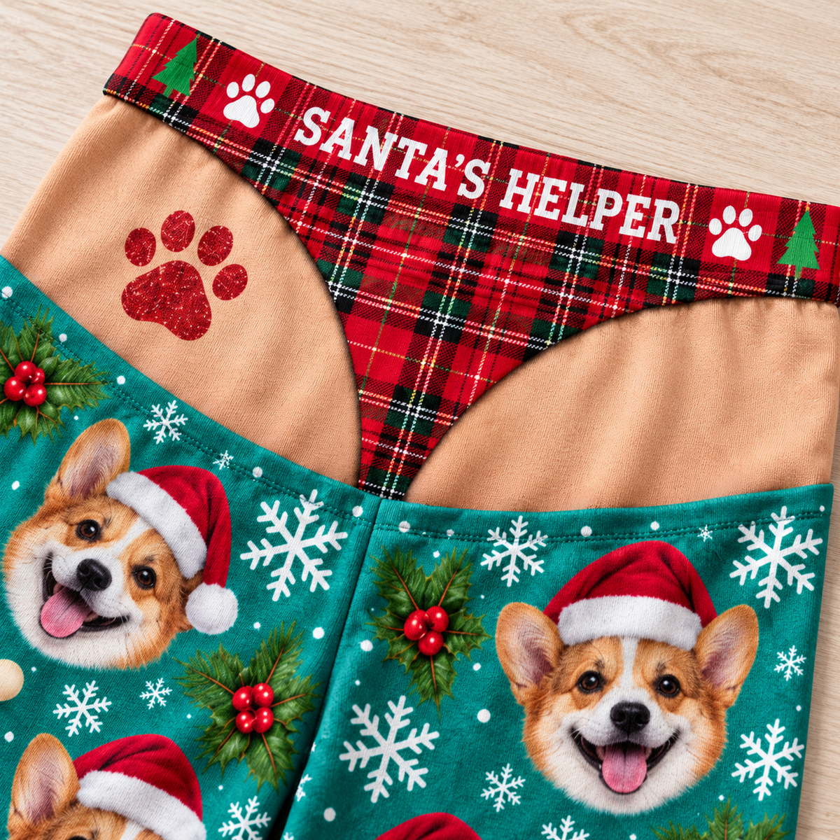 Mens Cutout Christmas Dog Print Pajama Pants with Plaid Briefs