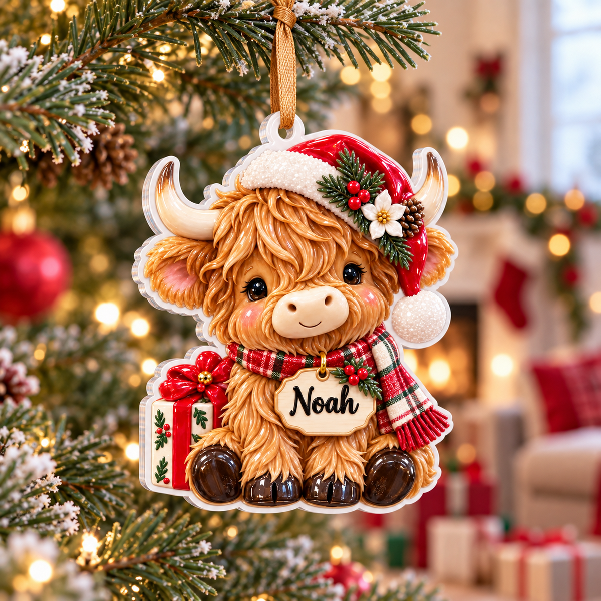 Baby Highland Cow with Santa Hat and Scarf Acrylic Christmas Tree Hanging Decor - 3D Relief Ornament