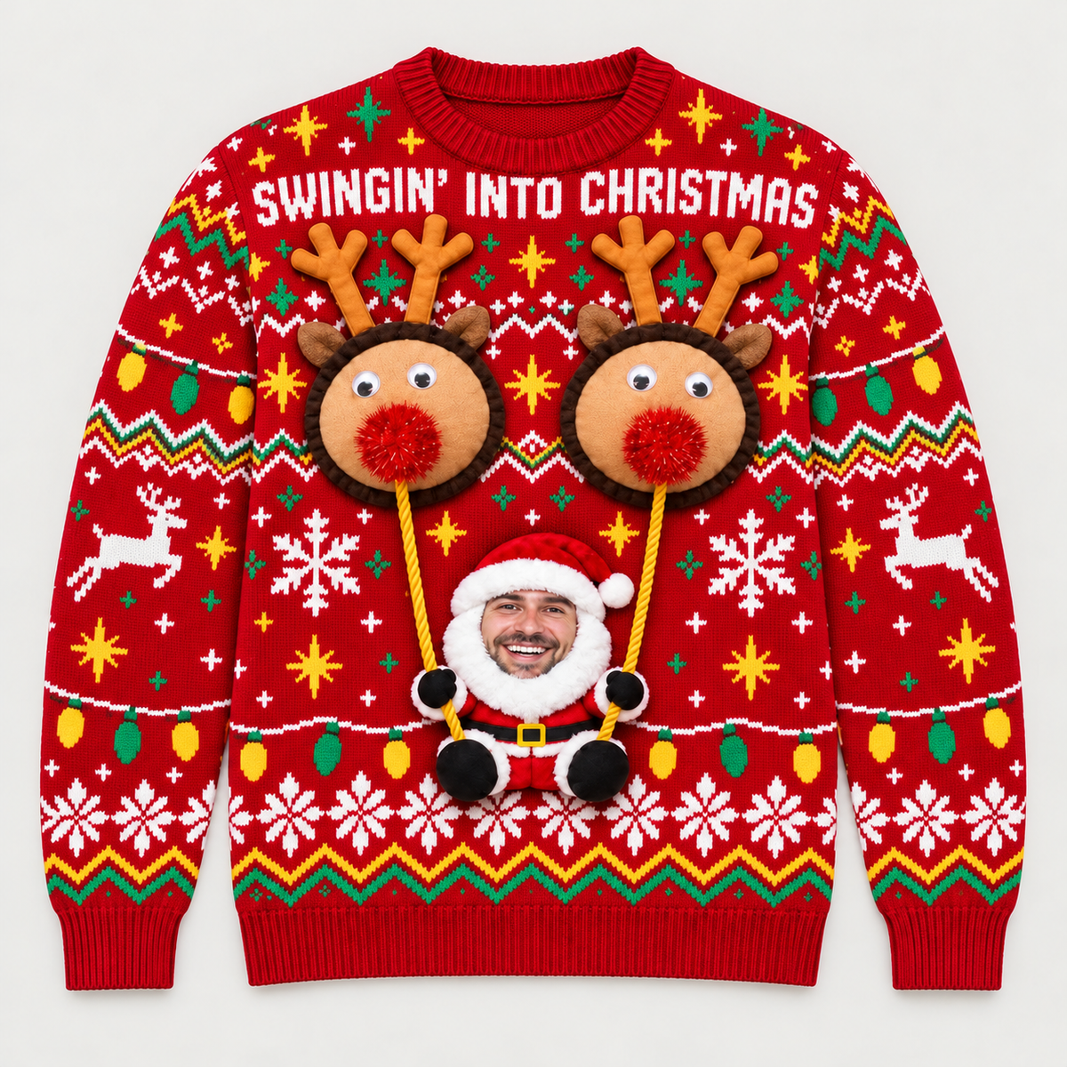 Ugly Christmas Sweater Swingin Reindeer Santa Long Sleeve Knit Top