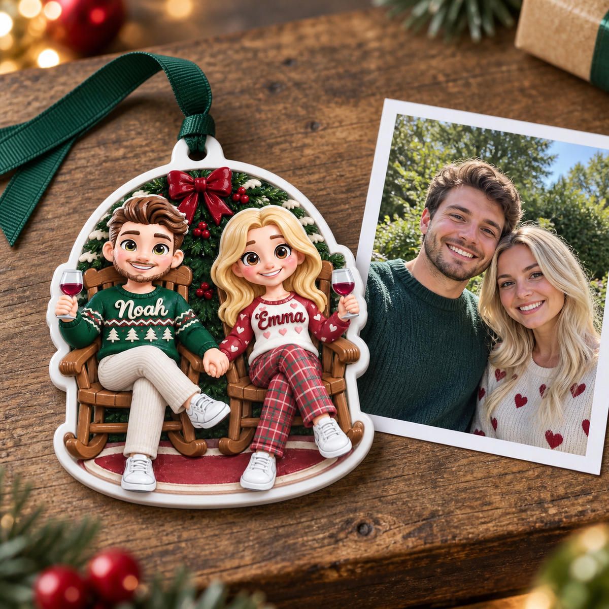 Couple in Rocking Chairs Christmas Tree Hanging Decor with Wine and Wreath - 3D Relief Ornament