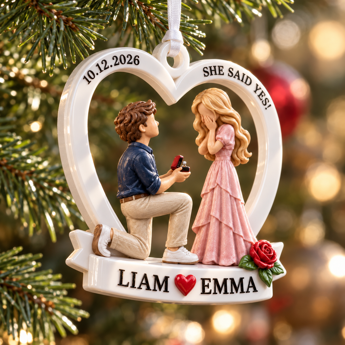 She Said Yes Engagement Heart Frame, White Ceramic Style with Red Rose - 3D Relief Ornament