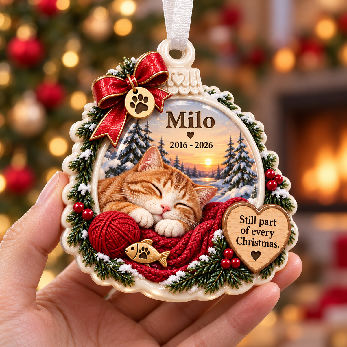 Sleeping Orange Tabby Cat Memorial Holiday Keepsake with Pine Wreath - 3D Relief Ornament
