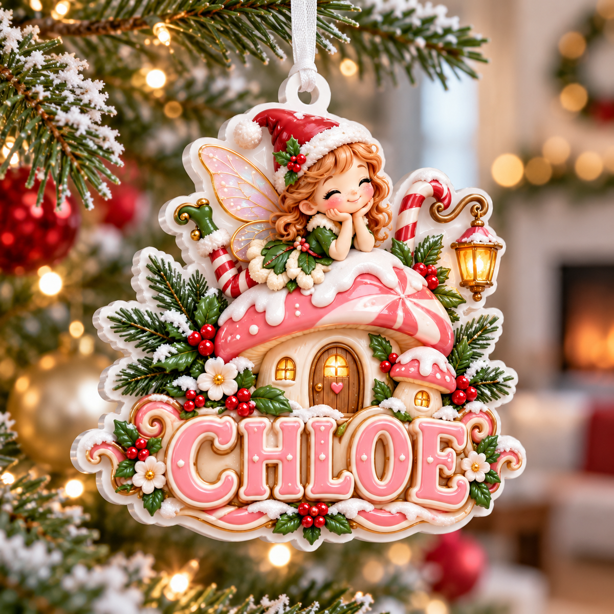Christmas Fairy Mushroom House Acrylic Hanging Holiday Decor - 3D Relief Ornament