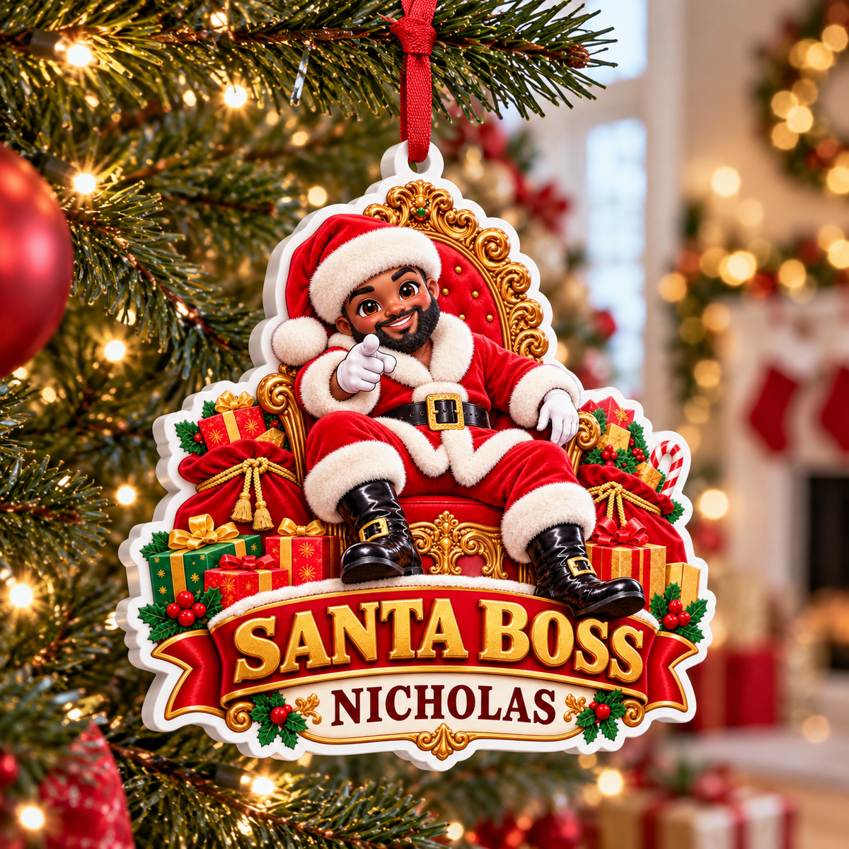Black Santa Boss on Ornate Throne Holiday Tree Decor - 3D Relief Ornament
