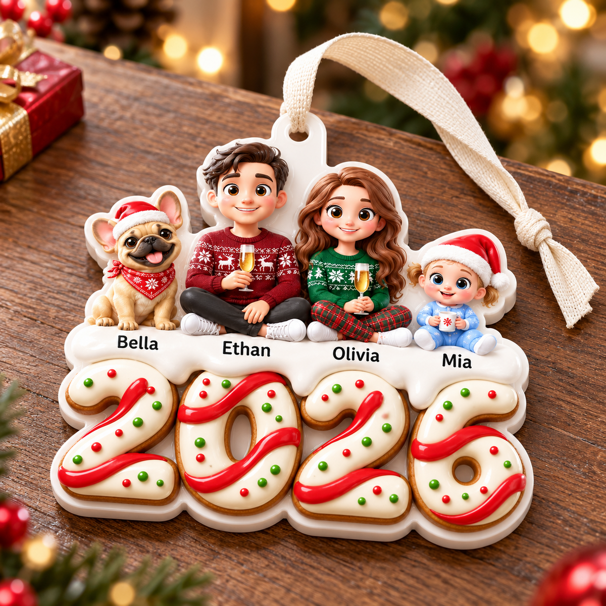 Family of Three with Dog 2026 Gingerbread Theme Christmas Tree Hanging Keepsake - 3D Relief Ornament