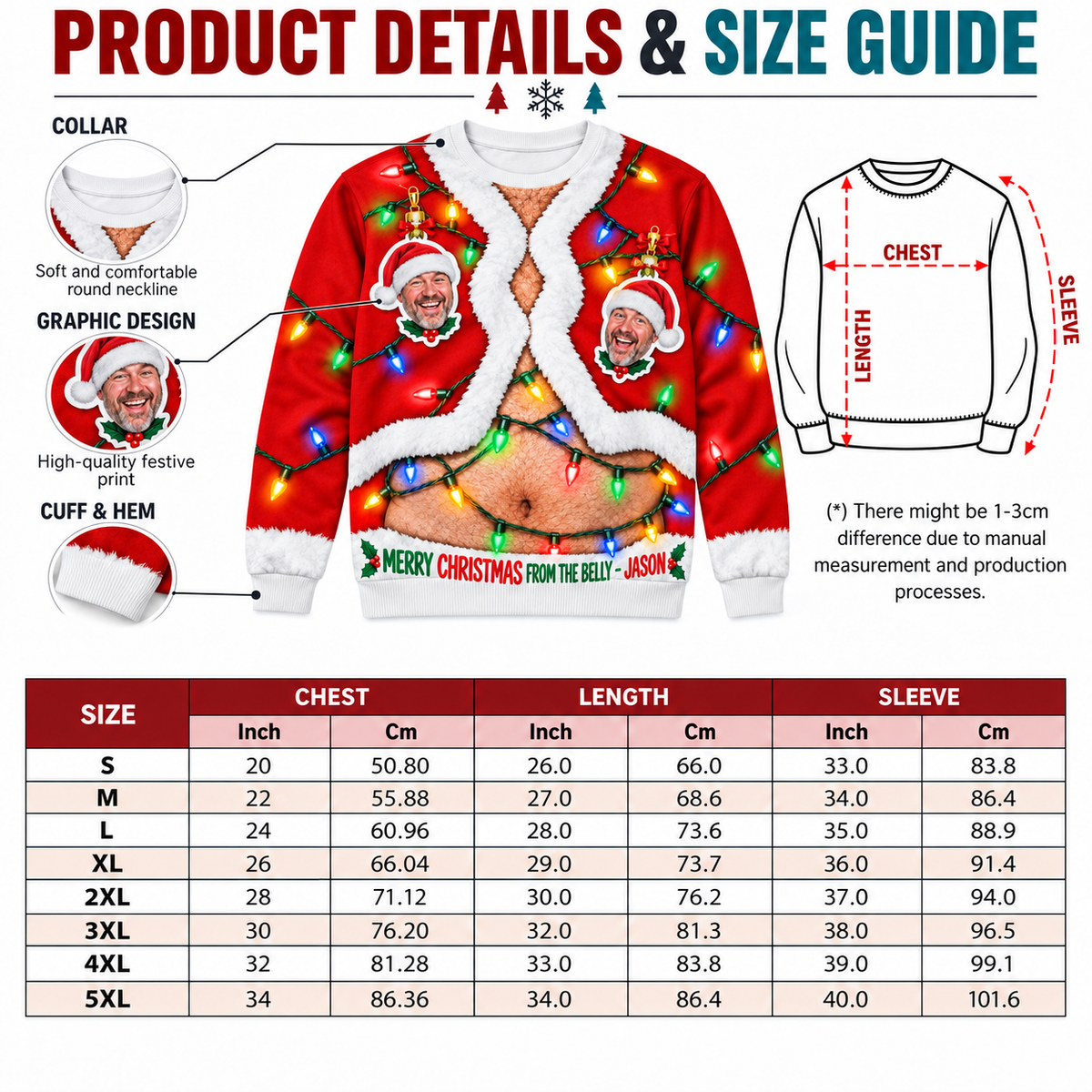 Ugly Christmas Sweatshirt Funny Hairy Belly String Lights Pullover