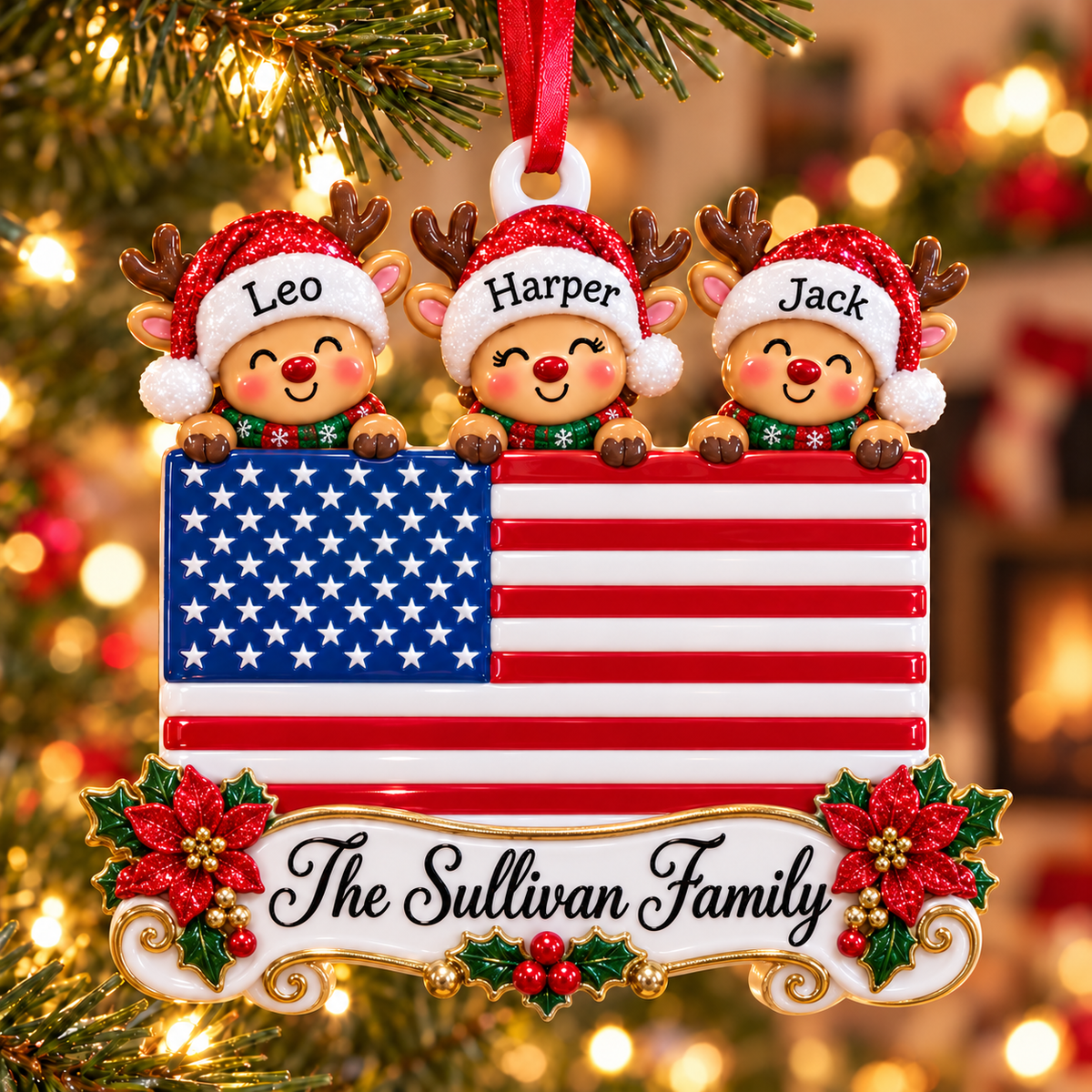 American Flag Family of 3 Reindeer Holiday Tree Hanging Decor - 3D Relief Ornament