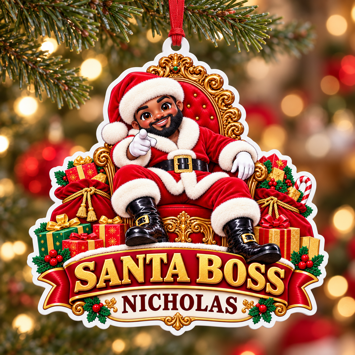 Black Santa Boss on Ornate Throne Holiday Tree Decor - 3D Relief Ornament
