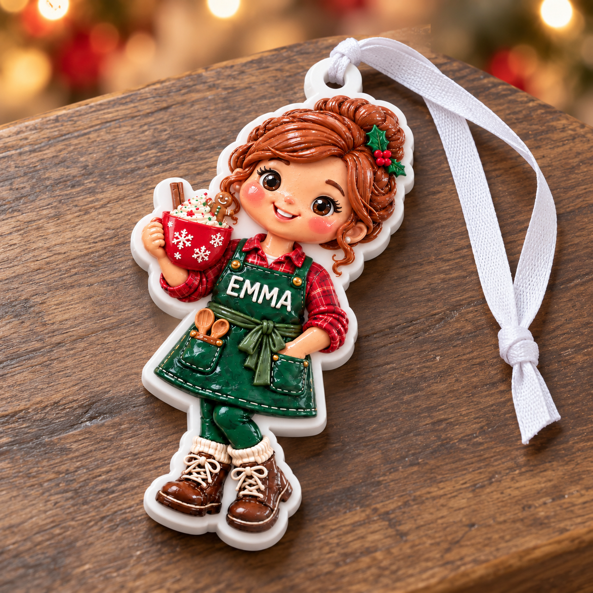 Baking Girl with Hot Cocoa and Green Apron Holiday Tree Decor - 3D Relief Ornament