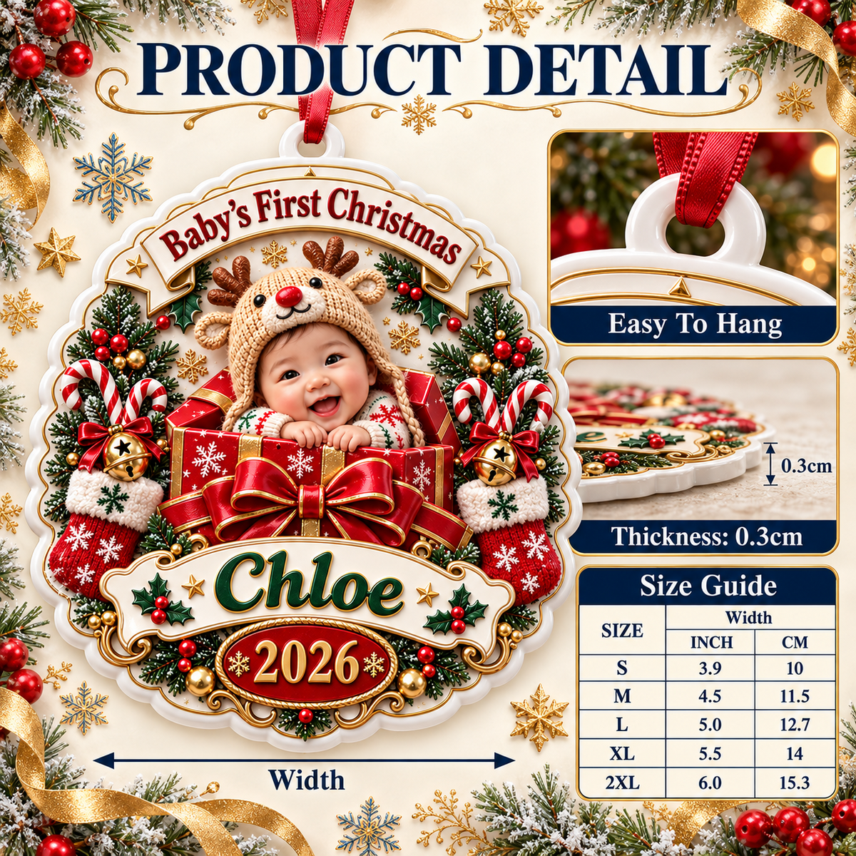 Baby's First Christmas Medallion Keepsake with Holiday Gift Box and Reindeer Hat - 3D Relief Ornament