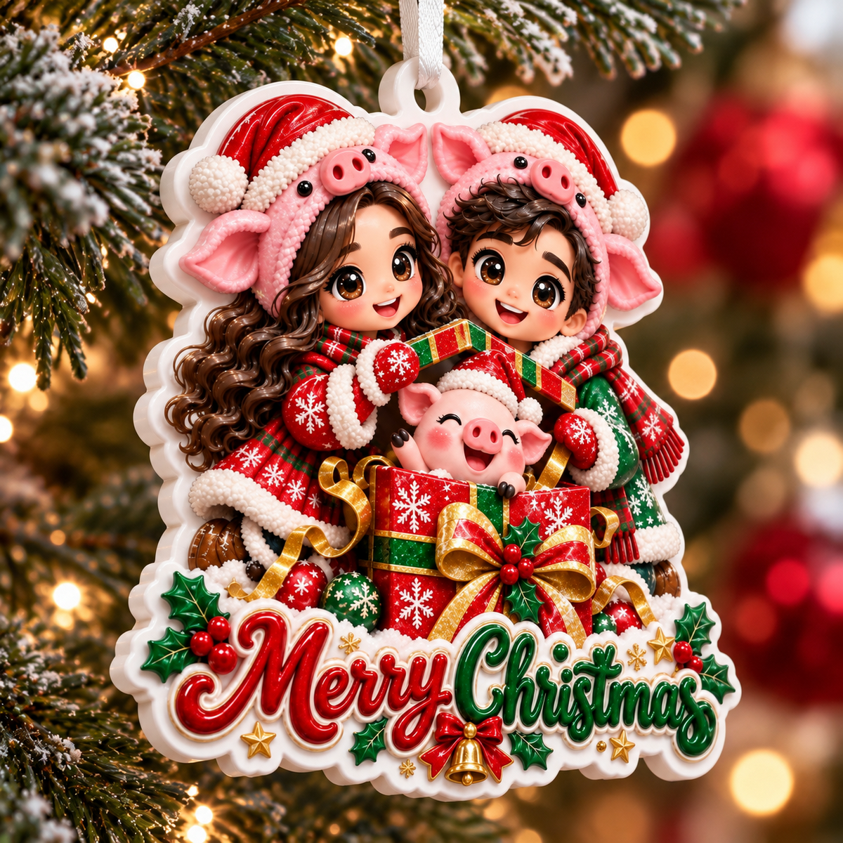 Pig Hat Couple with Piglet Gift Box Merry Christmas Acrylic Tree Hanging - 3D Relief Ornament