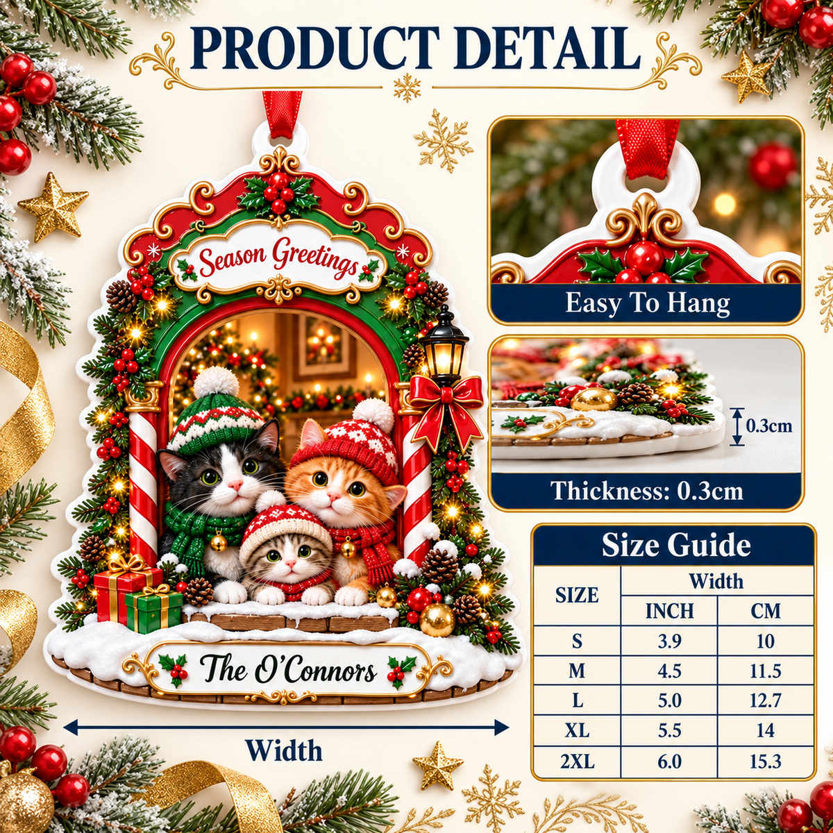Winter Kitten Family Arch Christmas Holiday Decoration - 3D Relief Ornament