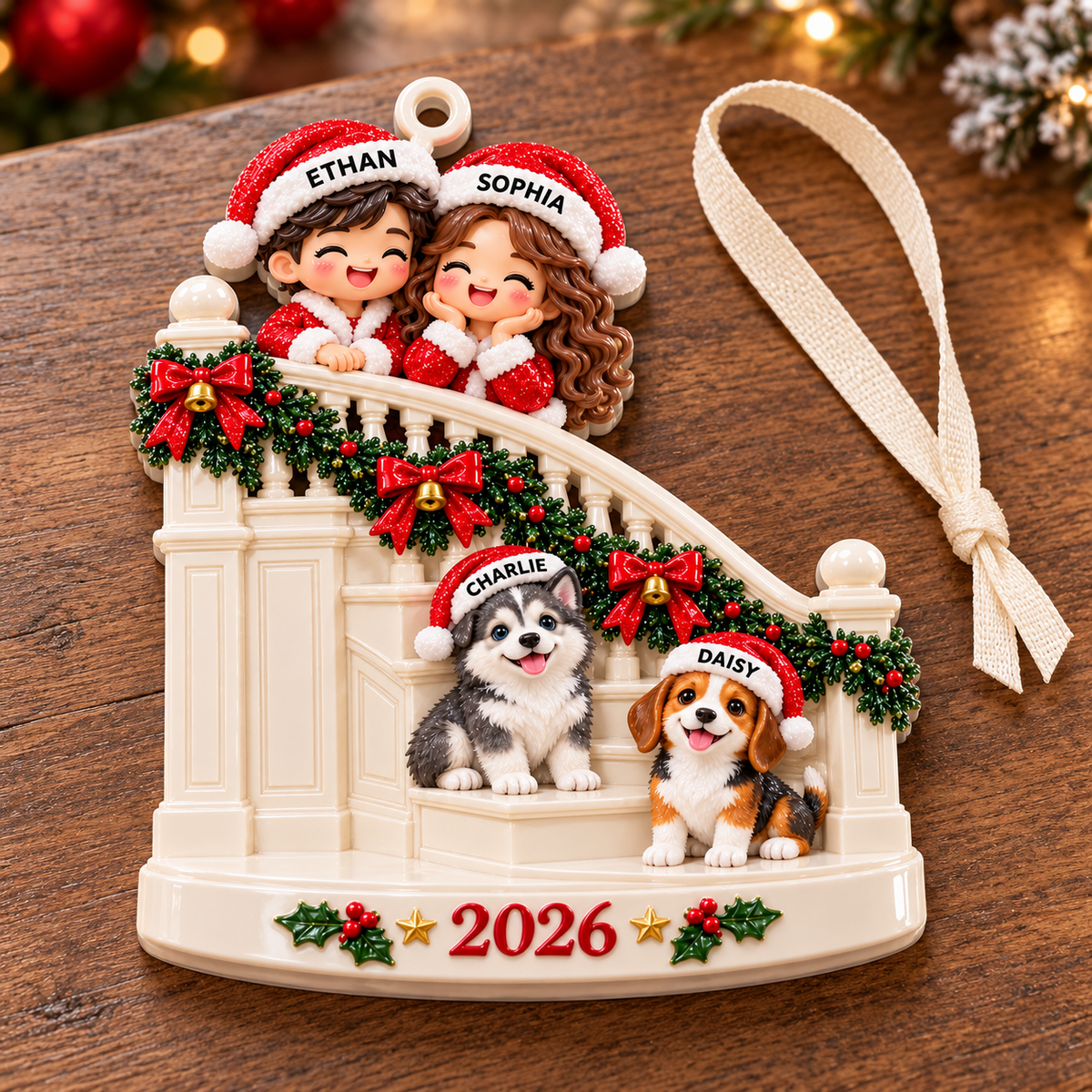 Family Couple with Two Dogs on Christmas Staircase Holiday Keepsake - 3D Relief Ornament