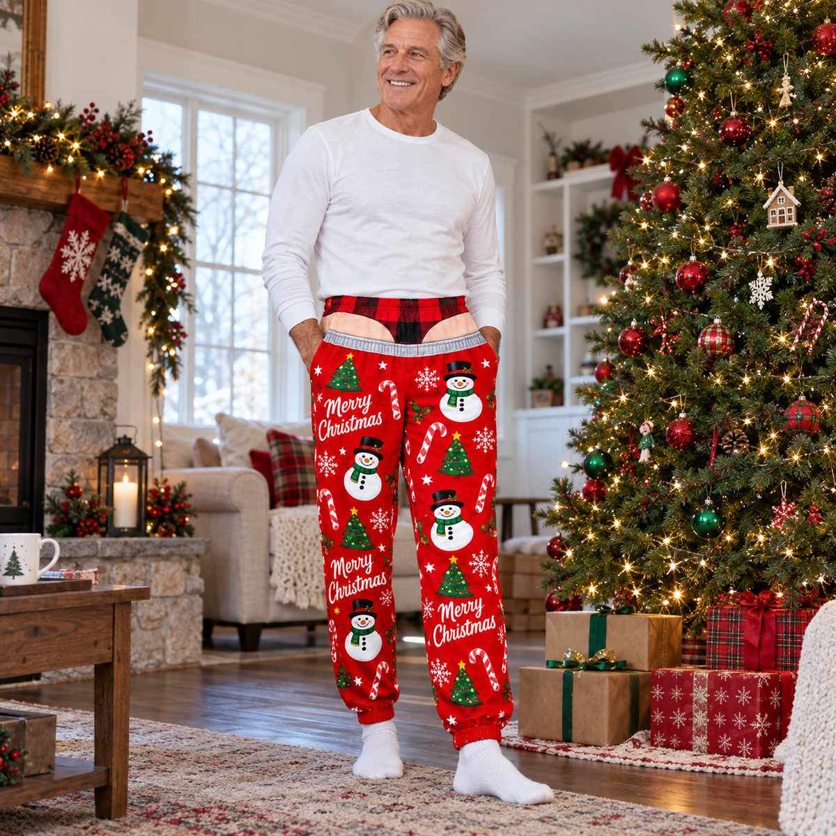 Mens Christmas Gag Pajama Pants Novelty Boxer Waistband Joggers