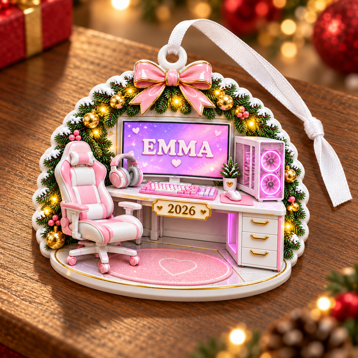 Gamer Girl Desk Setup with Pink Computer Chair and Wreath - 3D Relief Ornament