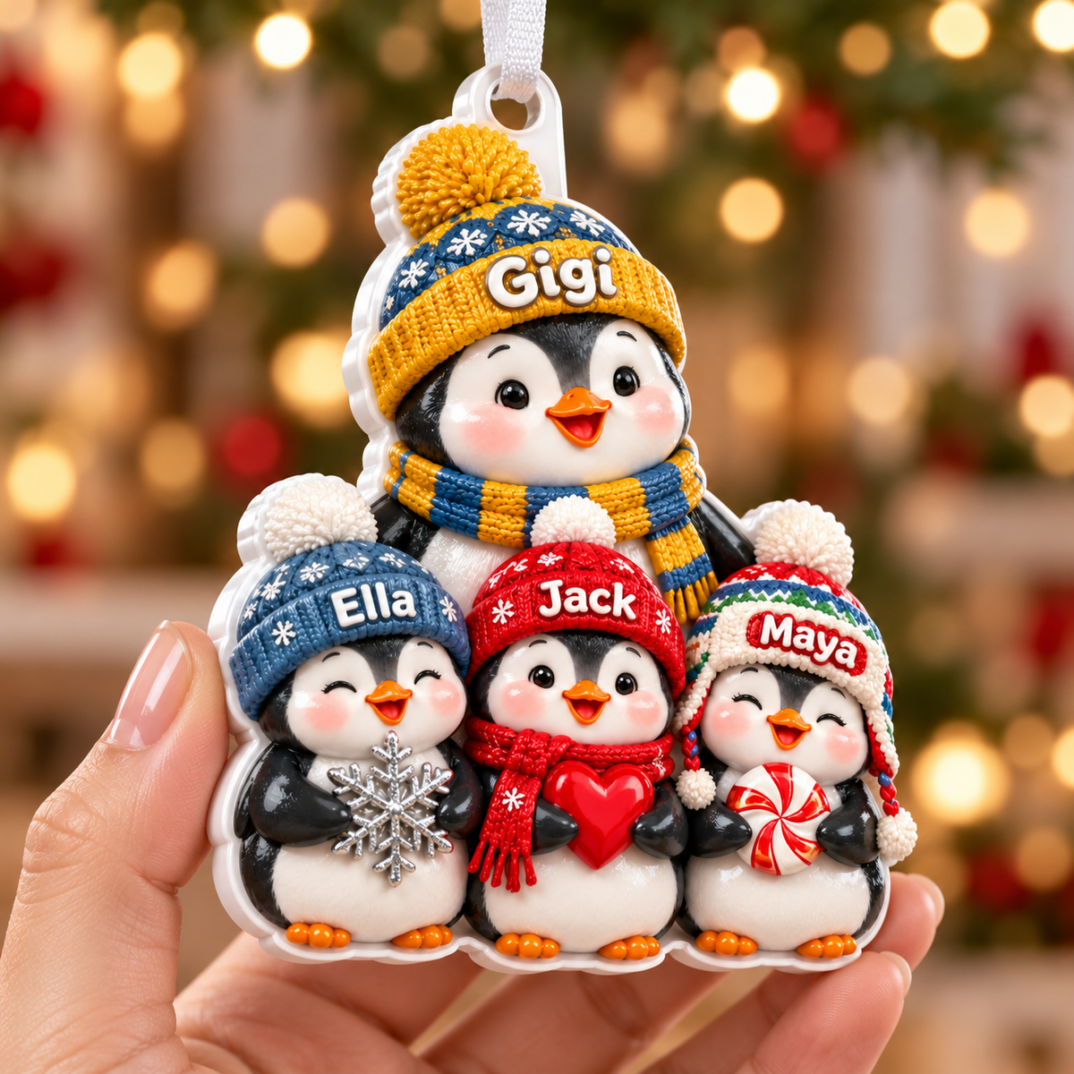 Winter Penguin Family with Knit Beanies Hanging Acrylic Holiday Accent - 3D Relief Ornament