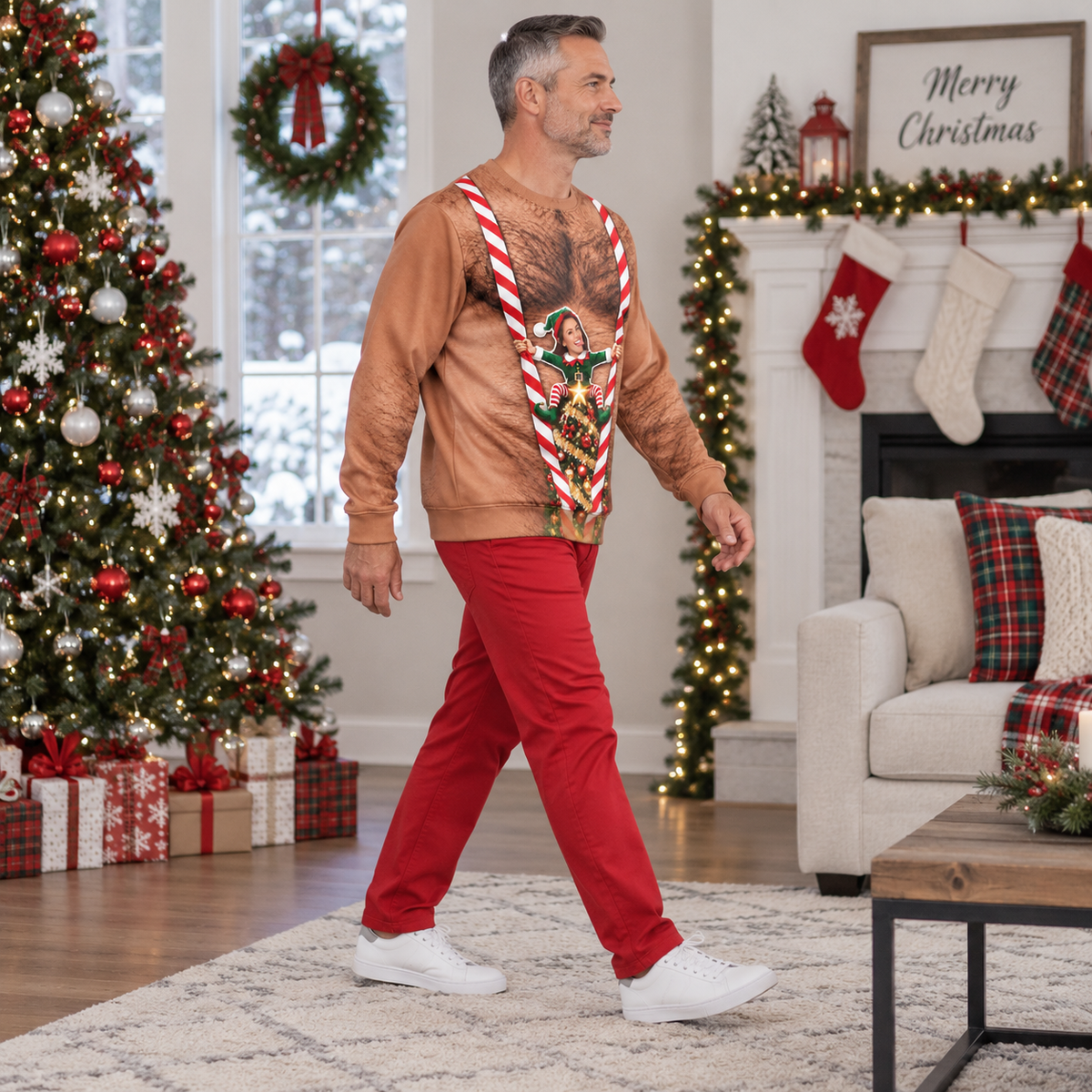 Funny Christmas Sweatshirt, Hairy Chest Elf Graphic Holiday Pullover
