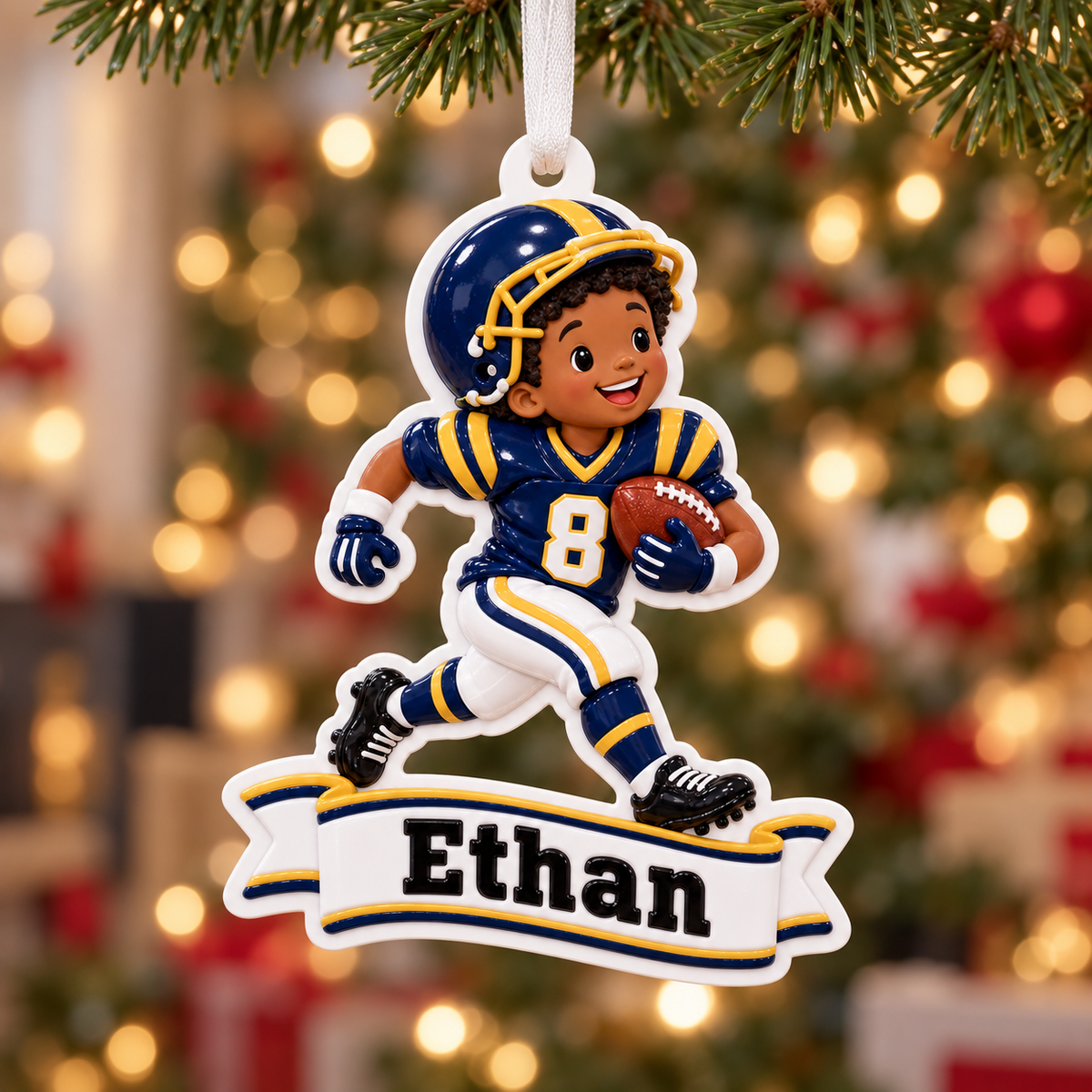 Youth Football Player Running with Ball Blue and Gold Sports - 3D Relief Ornament