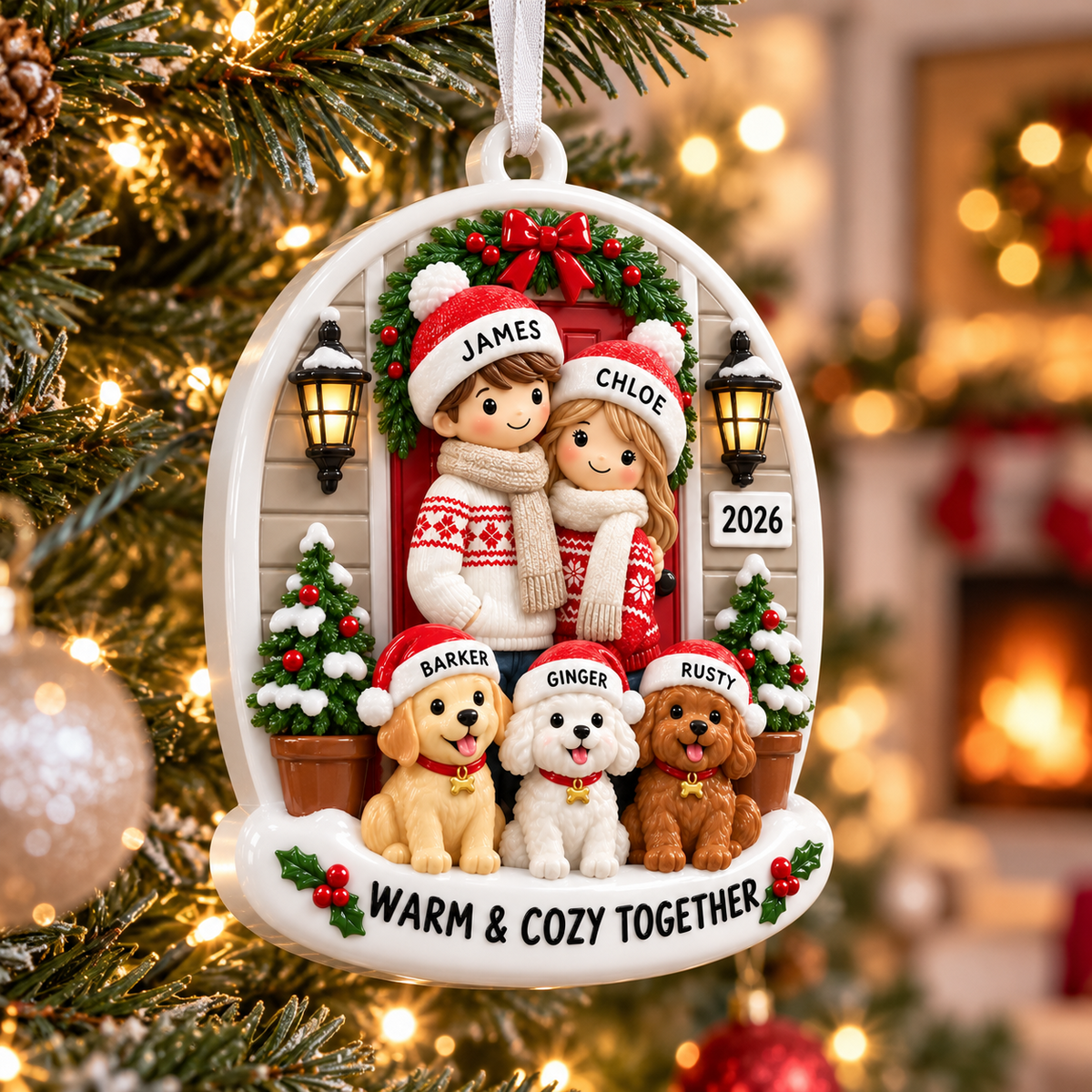 Couple with Three Dogs Front Porch Holiday Keepsake - 3D Relief Ornament