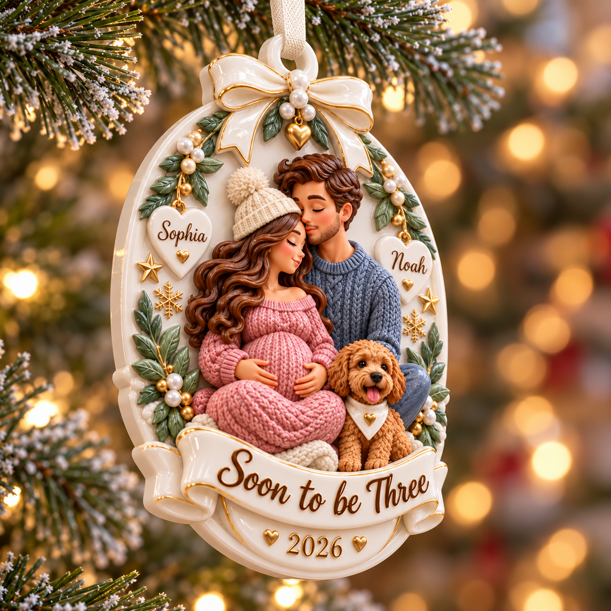 Expecting Couple with Dog Oval Keepsake Hanging Holiday Plaque - 3D Relief Ornament