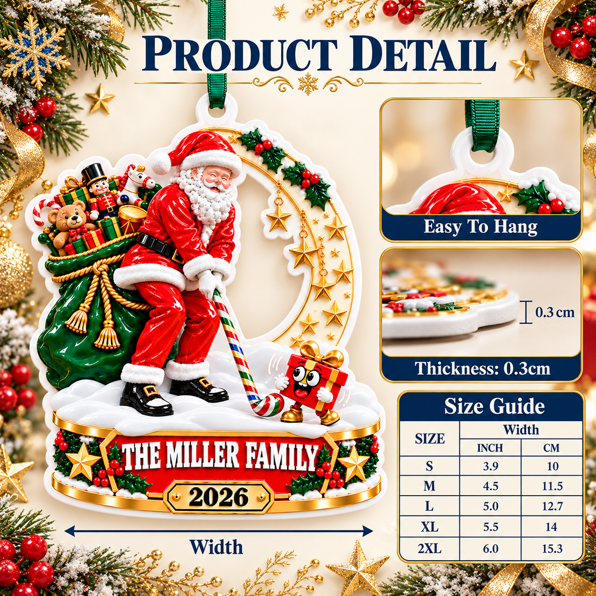 Santa Claus Playing Golf with Toy Sack and Star Wreath Christmas Tree Decor - 3D Relief Ornament